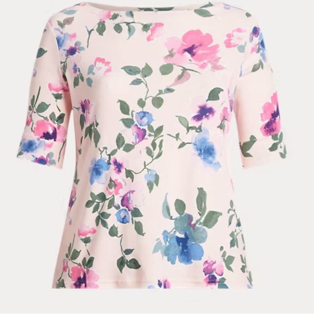 Ralph Lauren Women’s Floral Stretch Cotton Tee Shirt Beige Pink XS Short Sleeve